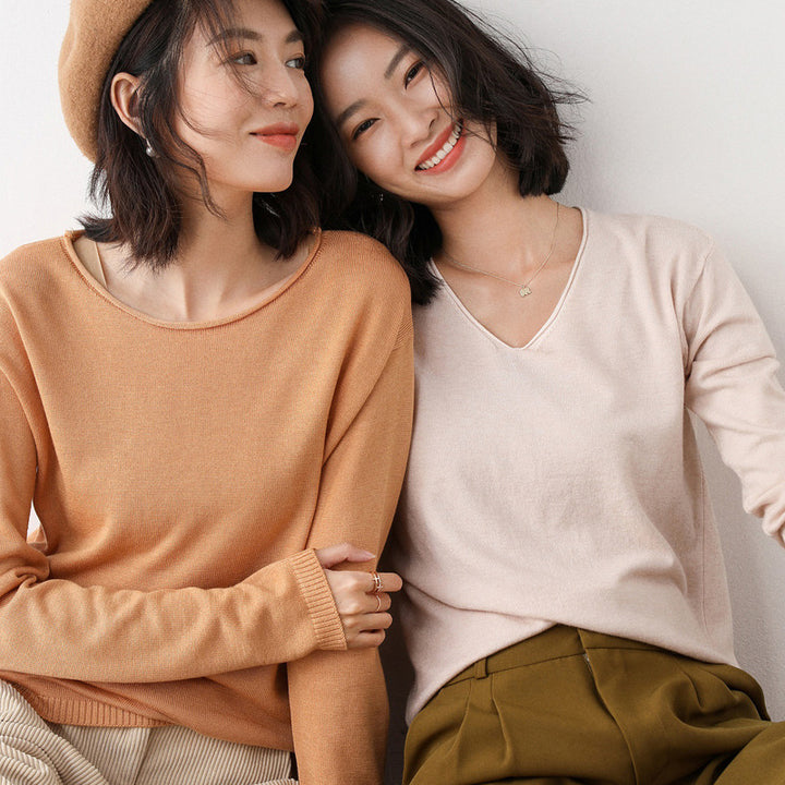 Women Casual Fine Knit V-Neck Sweater with Dropped Shoulders Mune Fashion