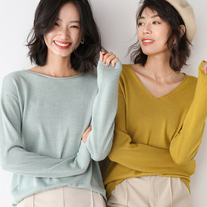 Women Casual Fine Knit V-Neck Sweater with Dropped Shoulders Mune Fashion