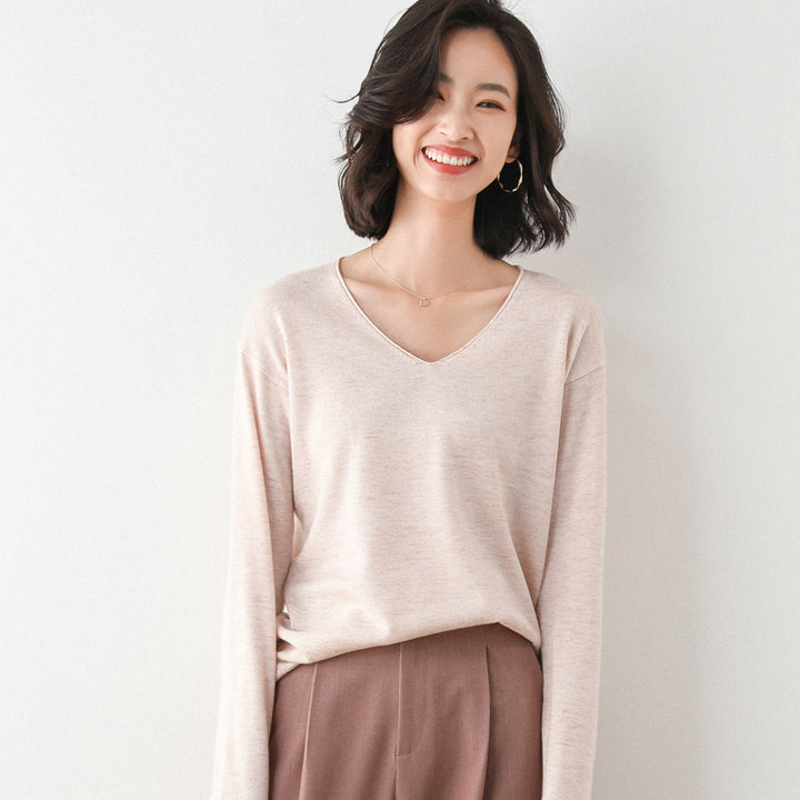 Women Casual Fine Knit V-Neck Sweater with Dropped Shoulders Mune Fashion