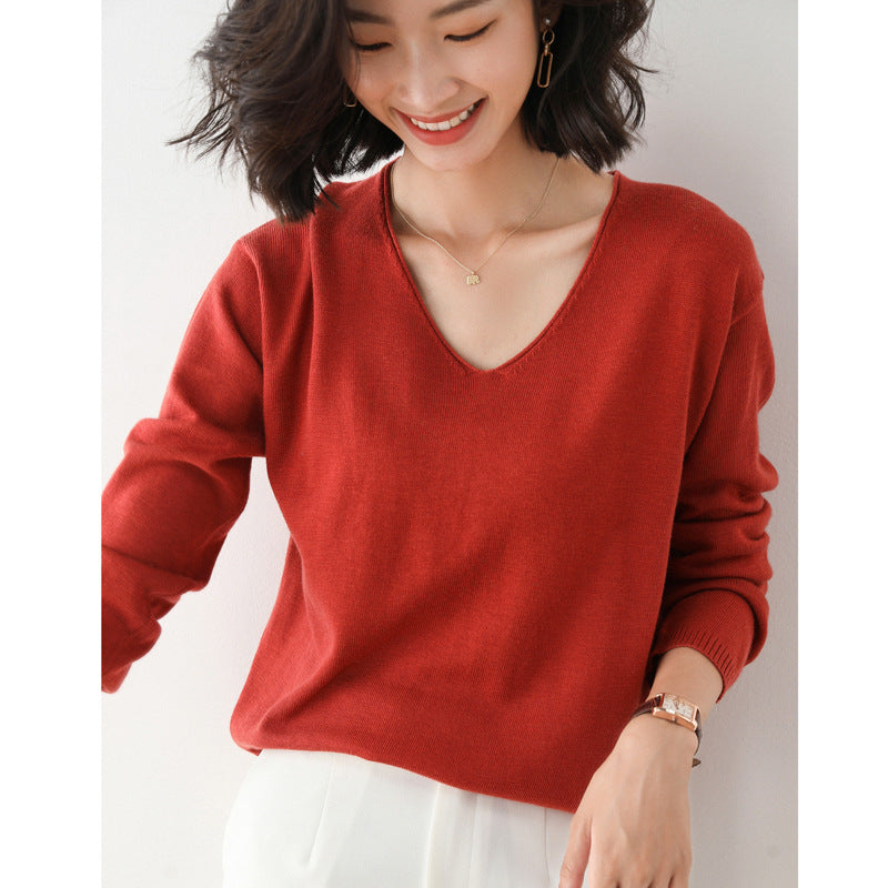 Women Casual Fine Knit V-Neck Sweater with Dropped Shoulders Mune Fashion