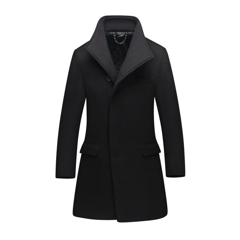 Men's Slim Wool Blend Overcoat with High Stand Collar and Quilted Thermal Lining Mune Fashion