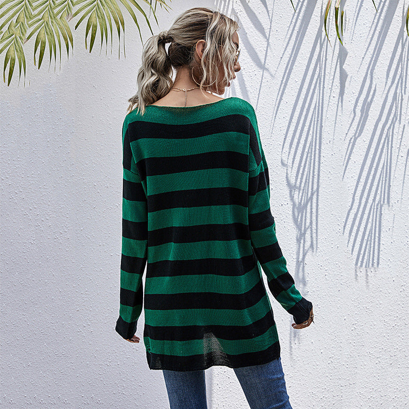 Women's Casual Long Sweater with V-Neck, Chunky Knit Stripes and Hole Details Mune Fashion
