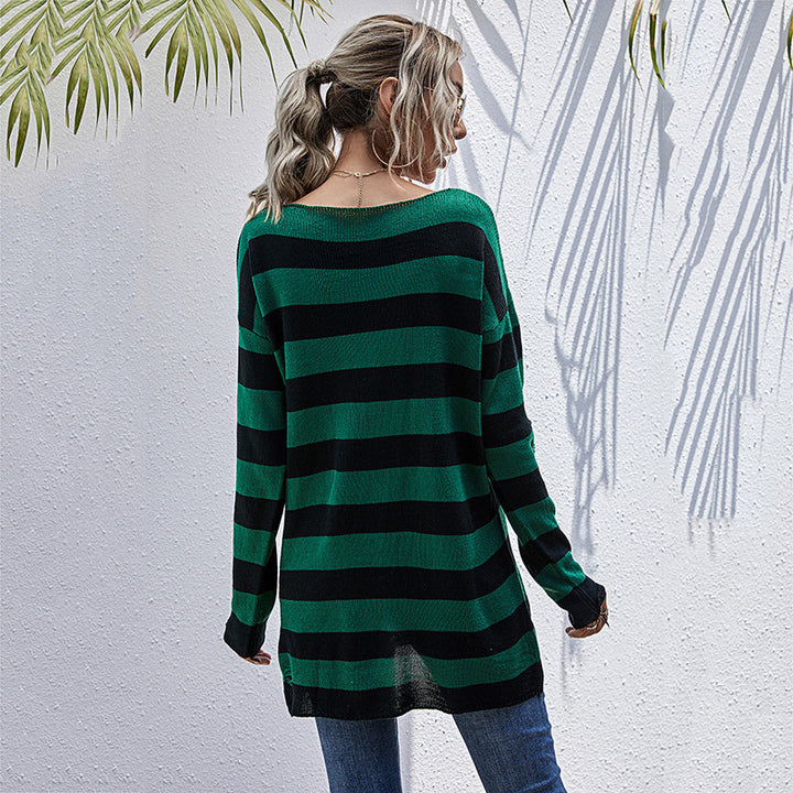 Women's Casual Long Sweater with V-Neck, Chunky Knit Stripes and Hole Details Mune Fashion