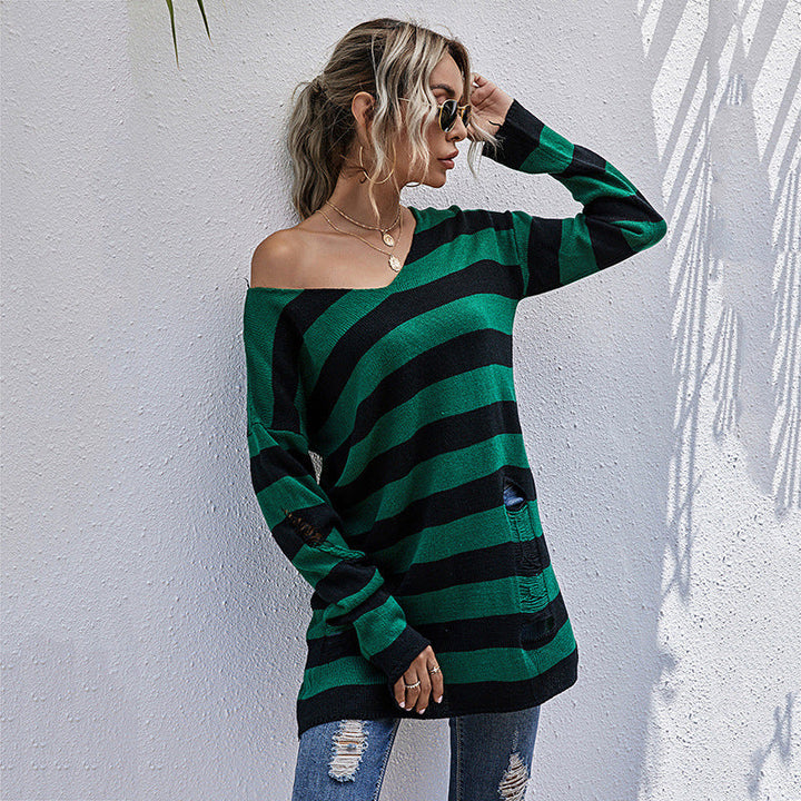 Women Striped Oversized Knit Pullover with V-Neck and Distressed Details Mune Fashion
