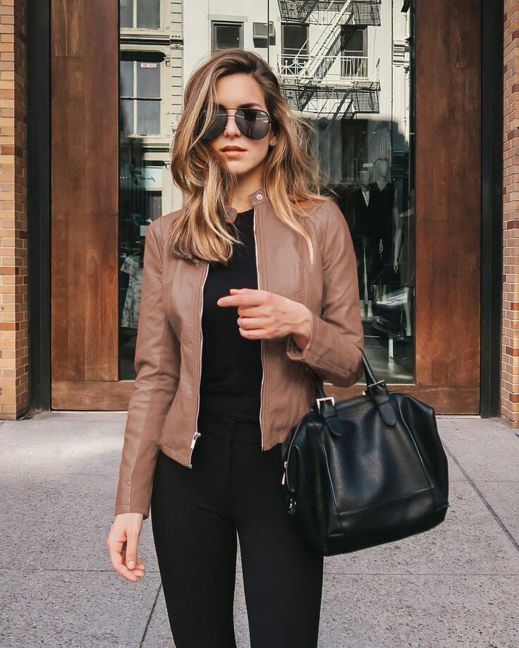 Women’s narrow cut leather jacket with stand-up collar and two-way zip Mune Fashion