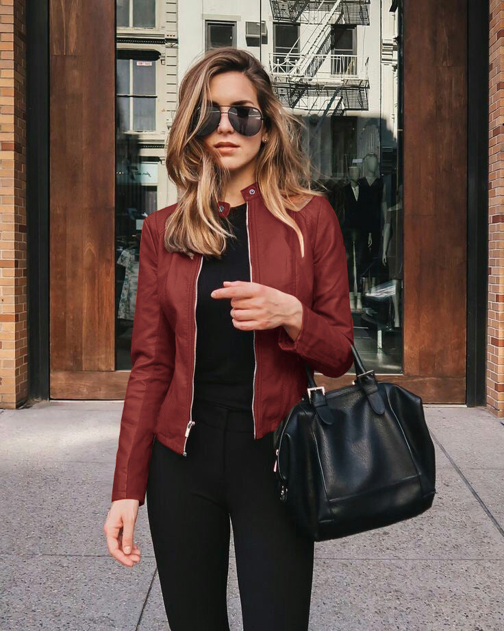 Women’s narrow cut leather jacket with stand-up collar and two-way zip Mune Fashion