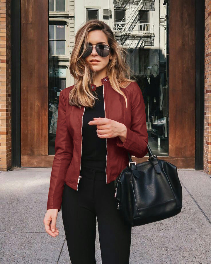 Women’s narrow cut leather jacket with stand-up collar and two-way zip Mune Fashion