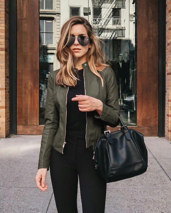 Women’s narrow cut leather jacket with stand-up collar and two-way zip Mune Fashion