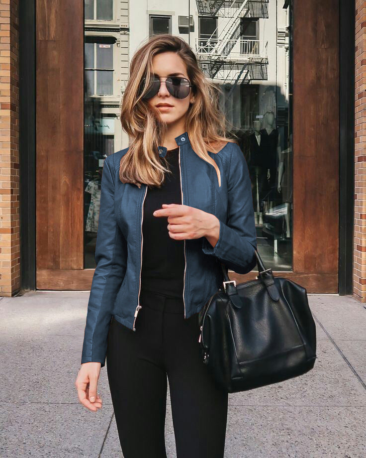 Women’s narrow cut leather jacket with stand-up collar and two-way zip Mune Fashion
