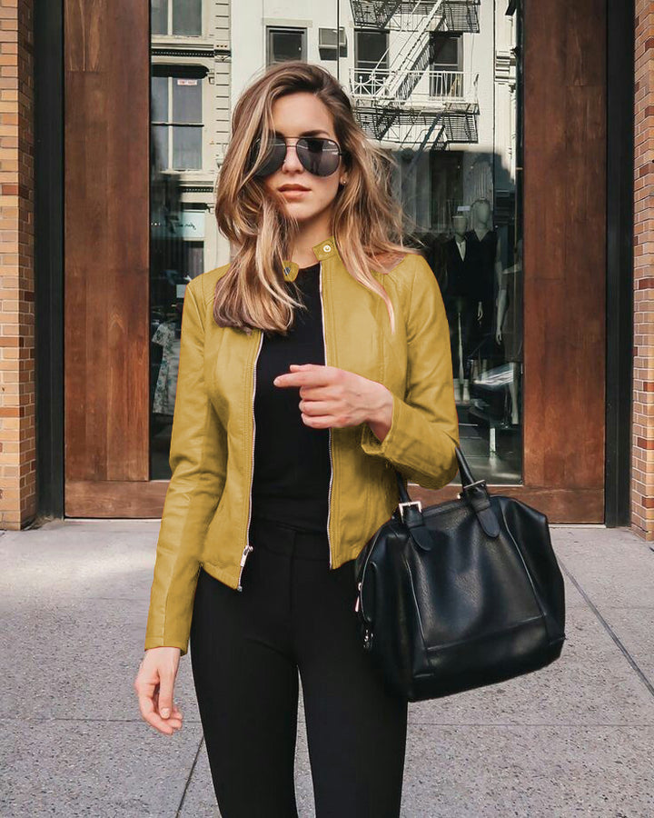 Women’s narrow cut leather jacket with stand-up collar and two-way zip Mune Fashion