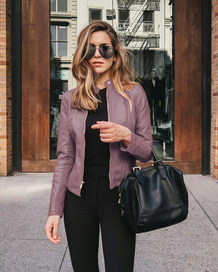Women’s narrow cut leather jacket with stand-up collar and two-way zip Mune Fashion