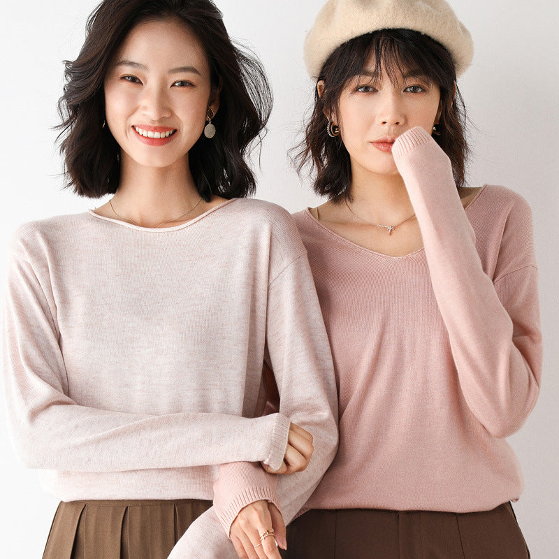Women Casual Fine Knit V-Neck Sweater with Dropped Shoulders Mune Fashion