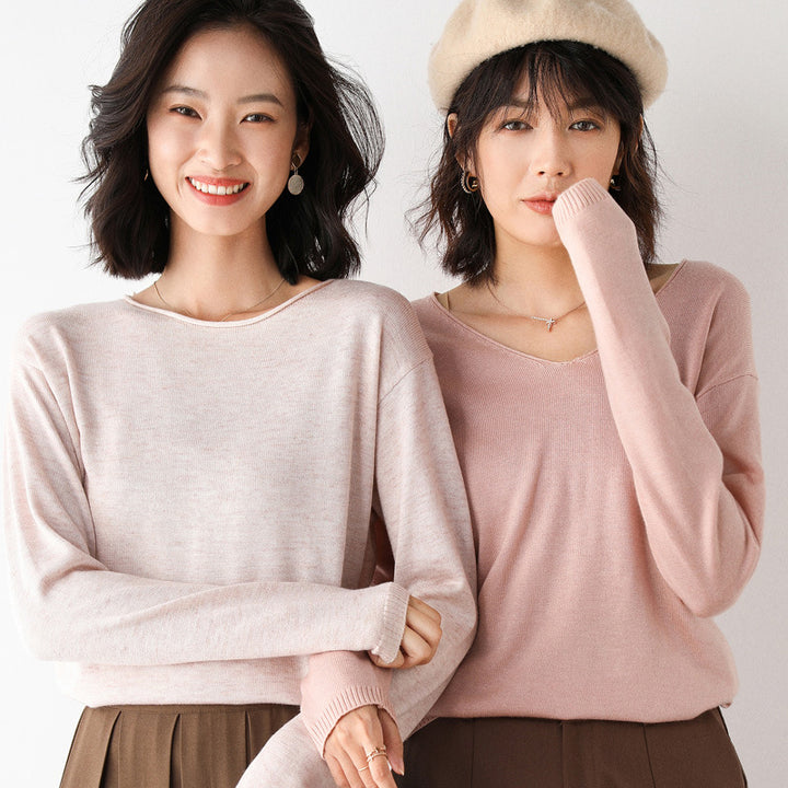Women Casual Fine Knit V-Neck Sweater with Dropped Shoulders Mune Fashion