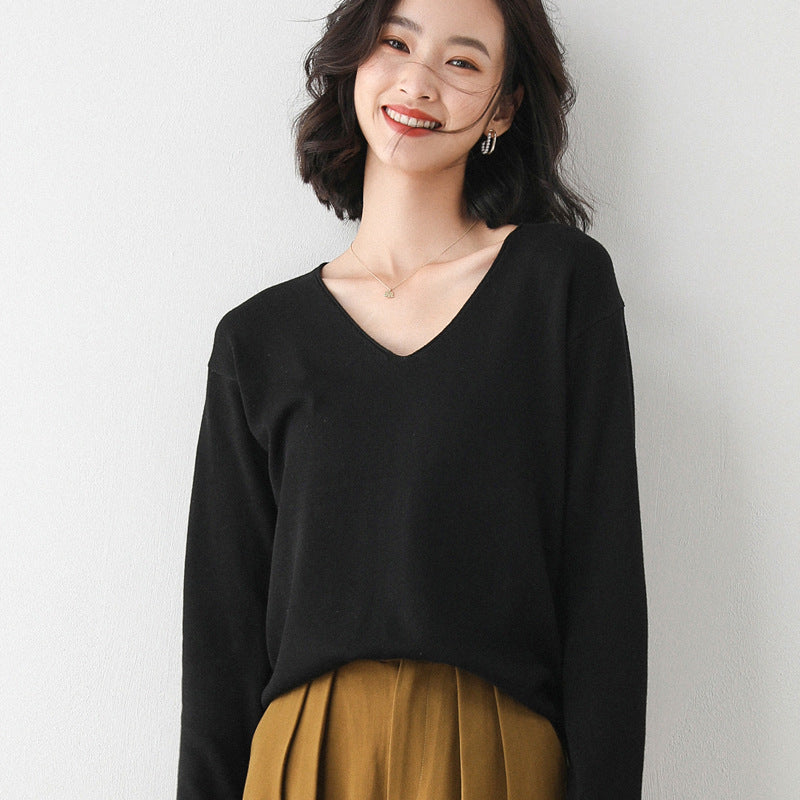 Women Casual Fine Knit V-Neck Sweater with Dropped Shoulders Mune Fashion