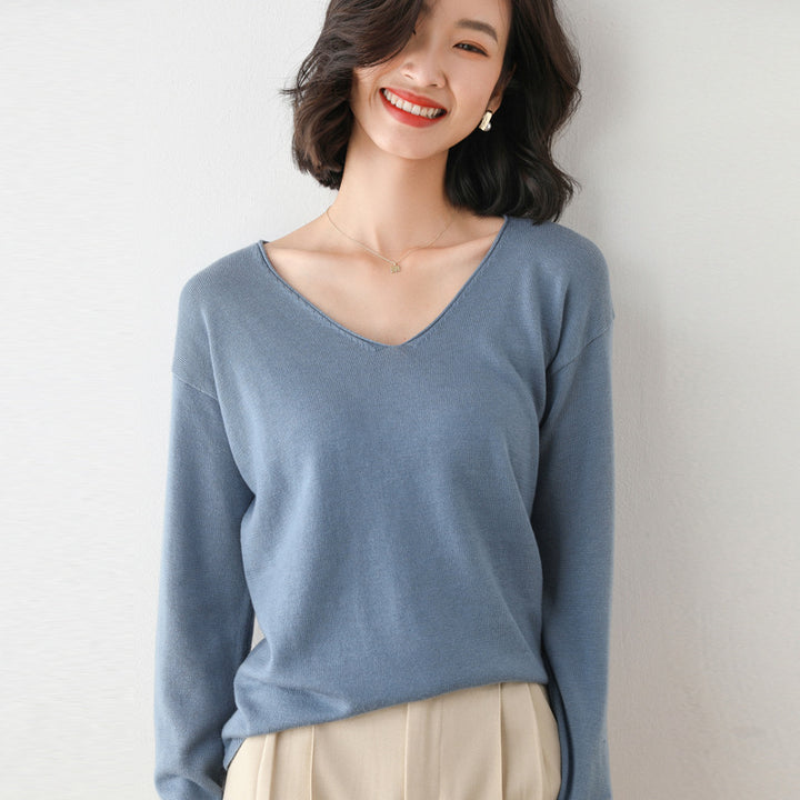 Women Casual Fine Knit V-Neck Sweater with Dropped Shoulders Mune Fashion