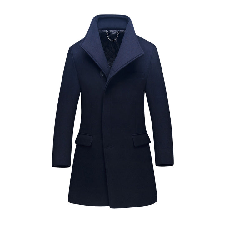 Men's Slim Wool Blend Overcoat with High Stand Collar and Quilted Thermal Lining Mune Fashion