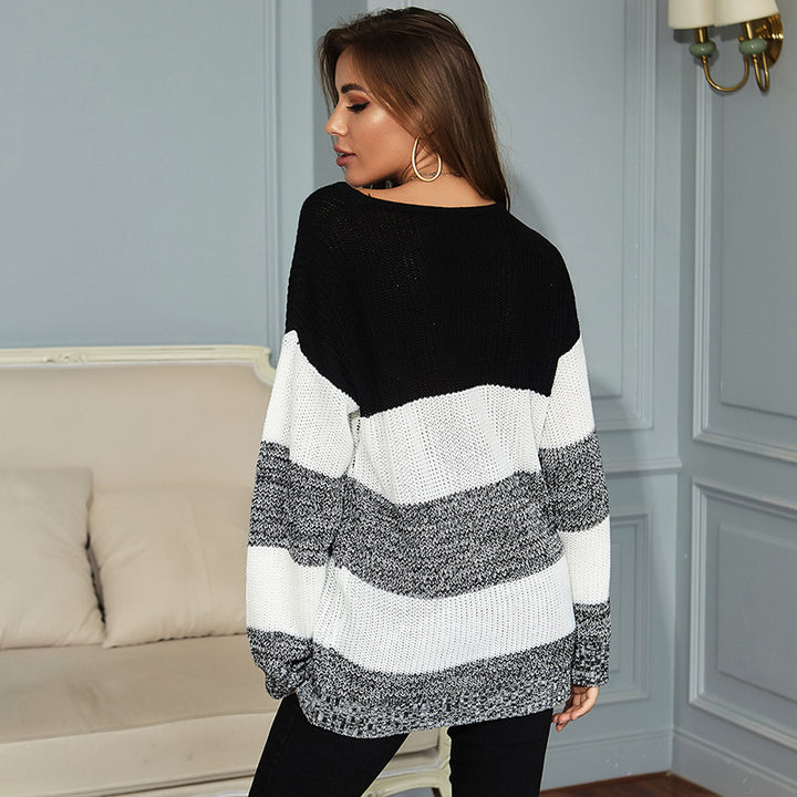 Ladies Oversize Long Sweater with Block Stripes and Round Neckline Mune Fashion