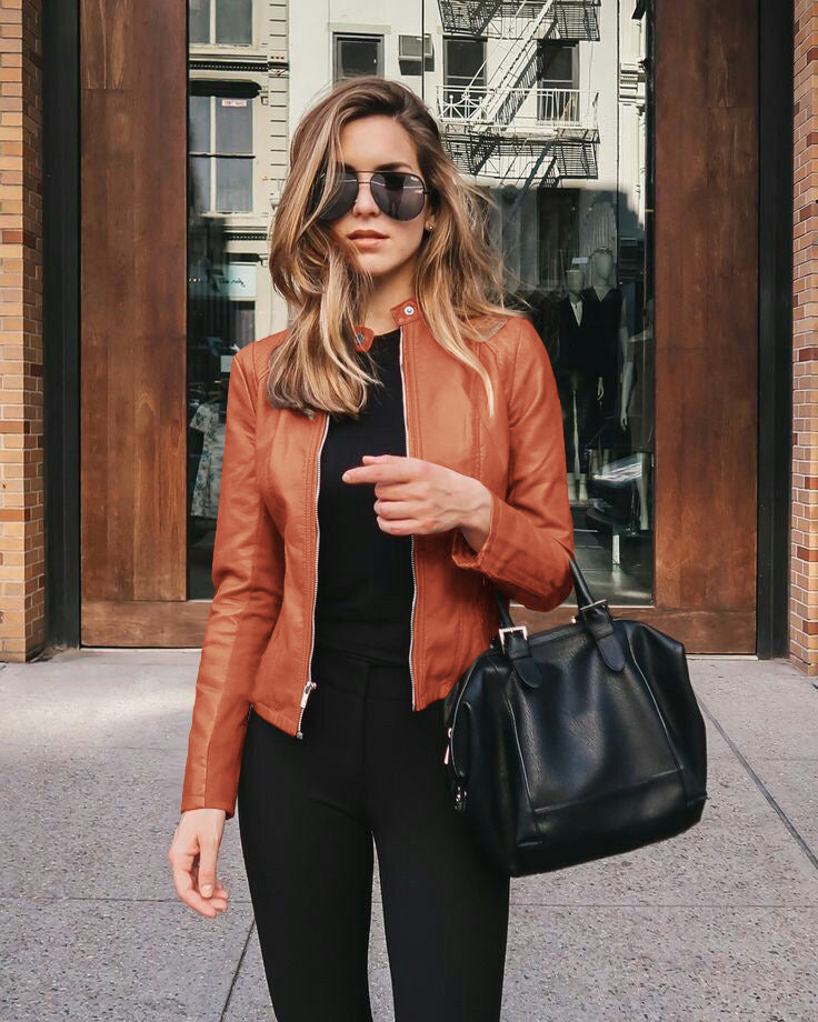 Women’s narrow cut leather jacket with stand-up collar and two-way zip Mune Fashion