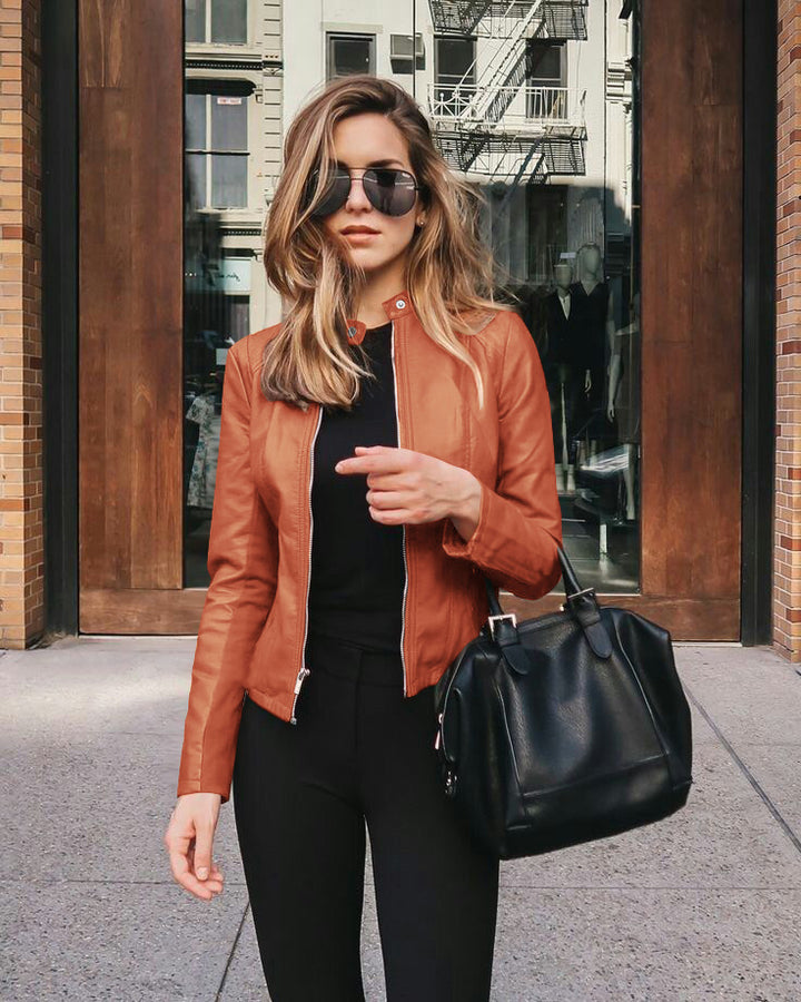 Women’s narrow cut leather jacket with stand-up collar and two-way zip Mune Fashion