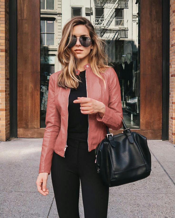 Women’s narrow cut leather jacket with stand-up collar and two-way zip Mune Fashion