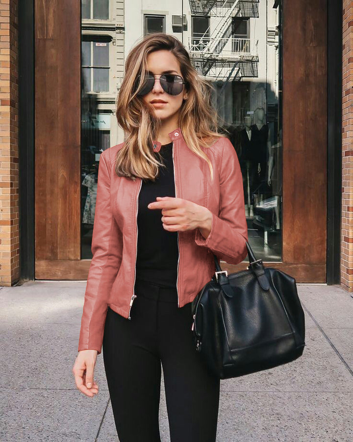 Women’s narrow cut leather jacket with stand-up collar and two-way zip Mune Fashion