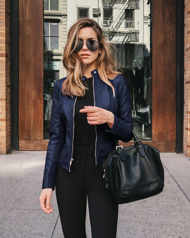 Women’s narrow cut leather jacket with stand-up collar and two-way zip Mune Fashion