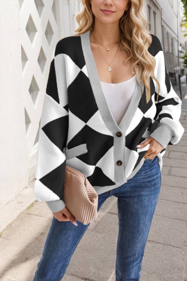 Mune | Neck Diamond Stitch Contrast Color Loose Knit Cardigan Jacket for Women