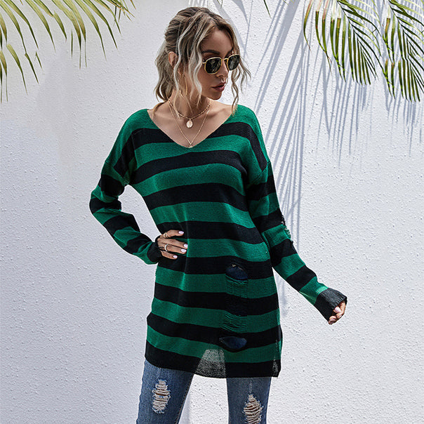 Women's Casual Long Sweater with V-Neck, Chunky Knit Stripes and Hole Details Mune Fashion