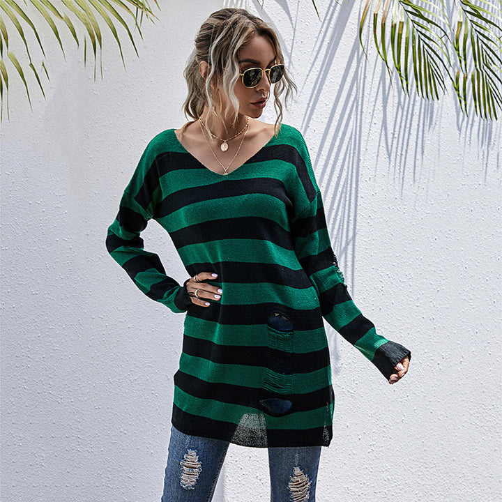 Women's Casual Long Sweater with V-Neck, Chunky Knit Stripes and Hole Details Mune Fashion