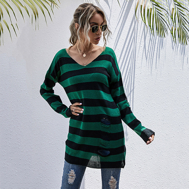 Women Striped Oversized Knit Pullover with V-Neck and Distressed Details Mune Fashion