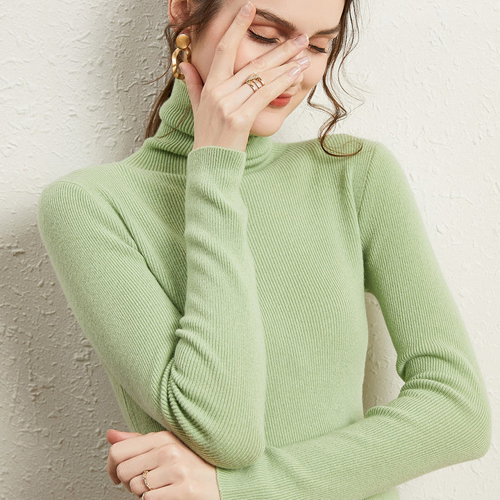 Women's Fitted Ribbed Turtleneck Sweater with Short Hem and Soft Drape Mune Fashion