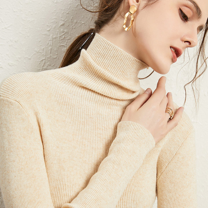 Women's Fitted Ribbed Turtleneck Sweater with Short Hem and Soft Drape Mune Fashion