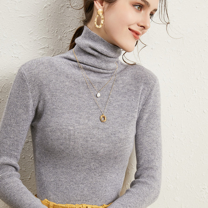Women's Fitted Ribbed Turtleneck Sweater with Short Hem and Soft Drape Mune Fashion