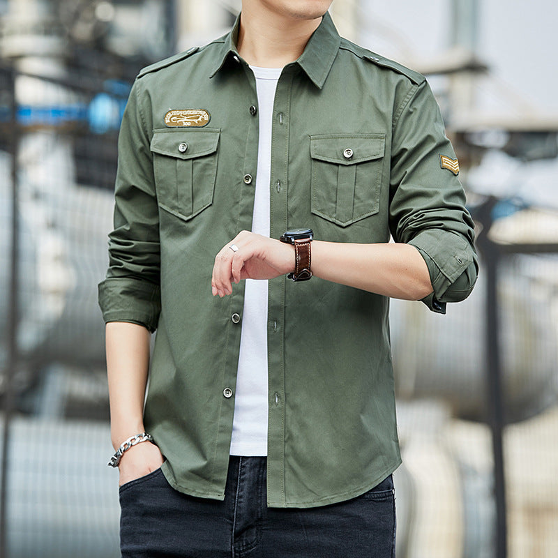 Men's Cotton Field Shirt in Military Style with Shoulder Epaulettes and Chest Flap Pockets Mune Fashion