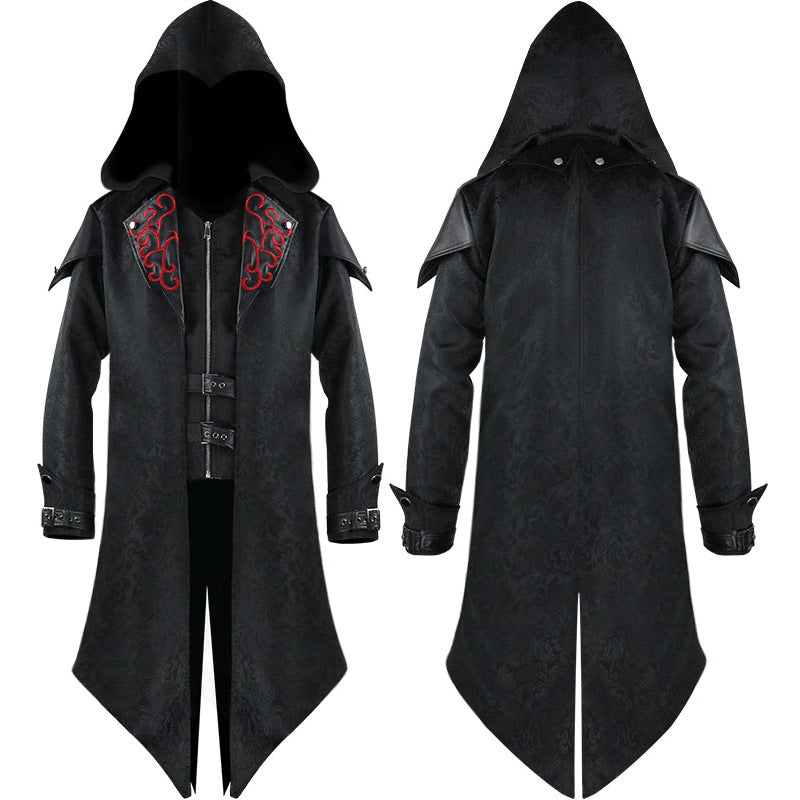 Men's fitted brocade coat in military style with stand-up collar and decorative cord.