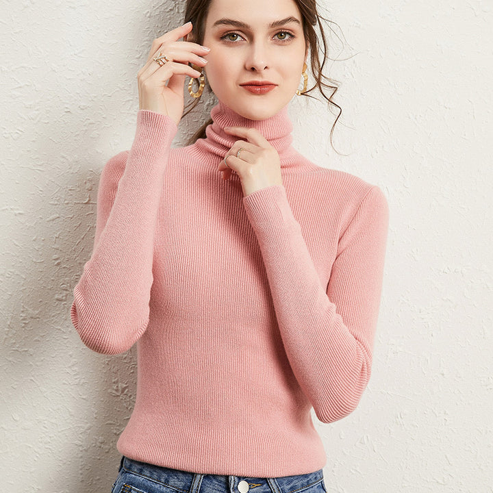 Women's Fitted Ribbed Turtleneck Sweater with Short Hem and Soft Drape Mune Fashion