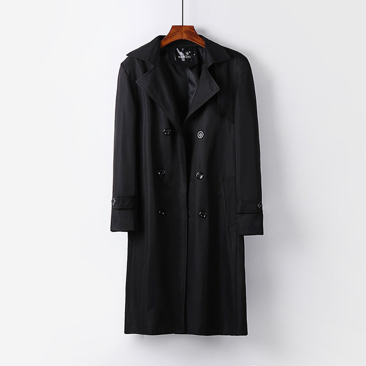 Men's trench coat with double-breasted button placket, waist belt, and classic lapel Mune Fashion