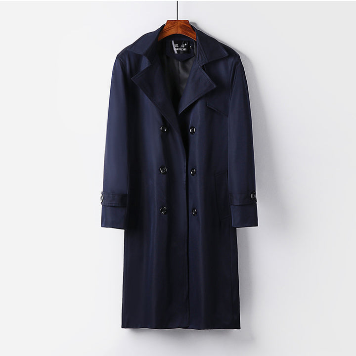 Men's trench coat with double-breasted button placket, waist belt, and classic lapel Mune Fashion