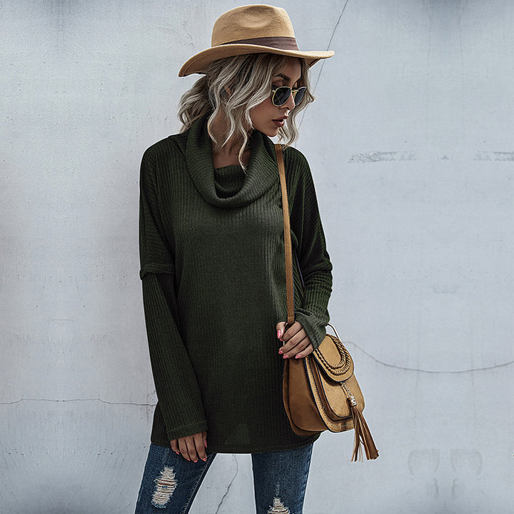 Women's Ribbed Fine Knit Long Sleeve with Roll Neck, Side Slits and Extended Back Mune Fashion