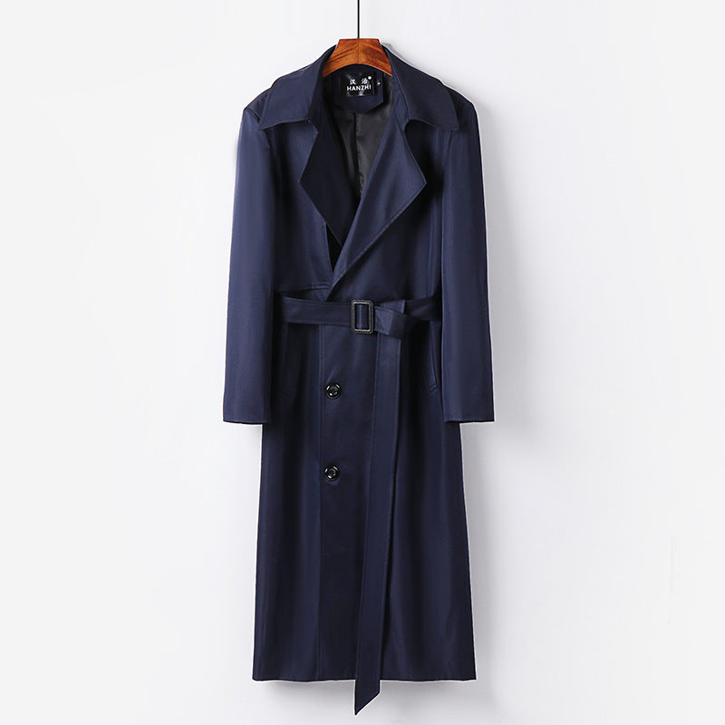 Men's Water-repellent Long Trench Coat with Waist Belt and Distinctive Shawl Collar Mune Fashion