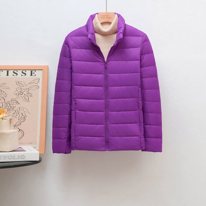 Women's down jacket, lightweight, stand collar, short