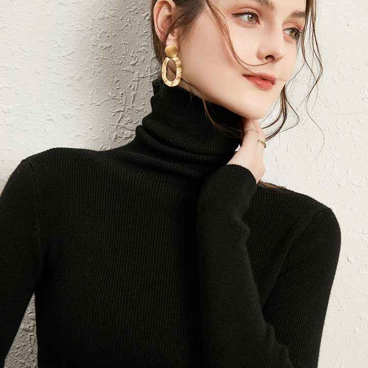 Women's Fitted Ribbed Turtleneck Sweater with Short Hem and Soft Drape Mune Fashion