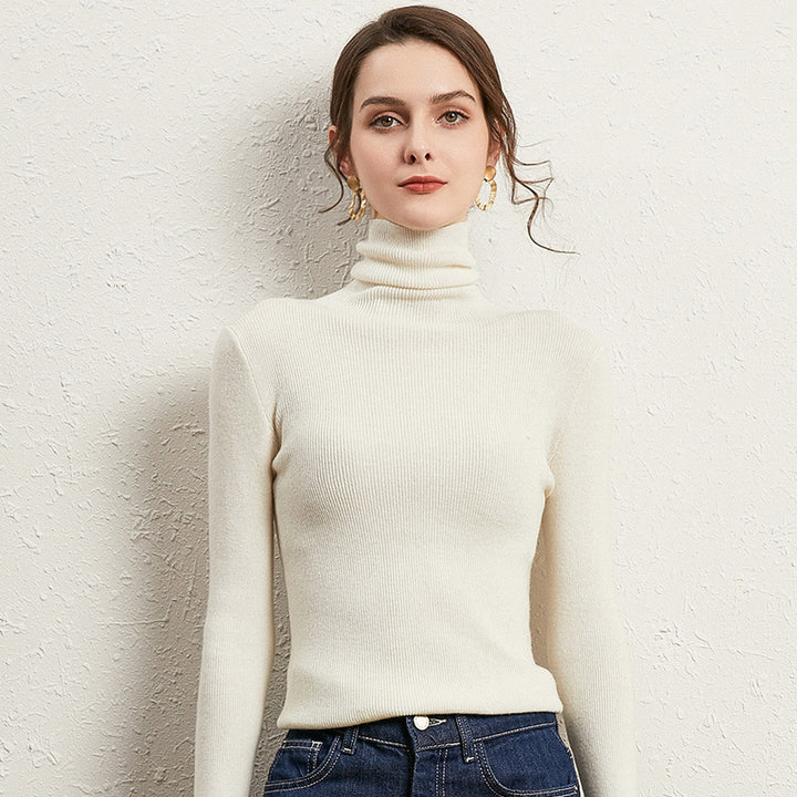 Women's Fitted Ribbed Turtleneck Sweater with Short Hem and Soft Drape Mune Fashion