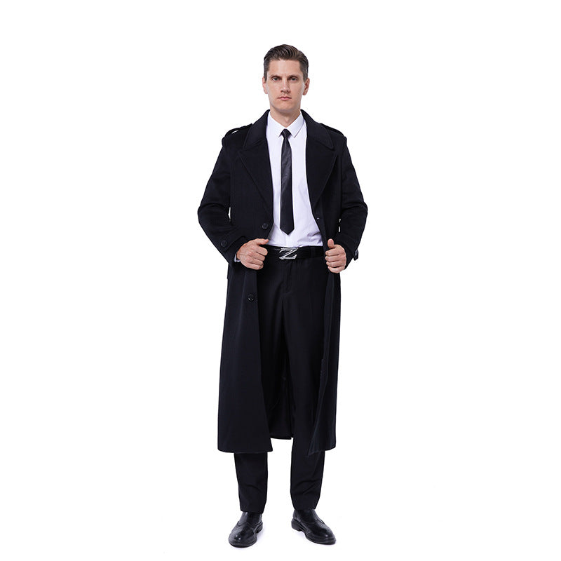 Men's Floor-Length Wool Blend Overcoat with Narrow Shawl Collar and Textured Weave Optics Mune Fashion
