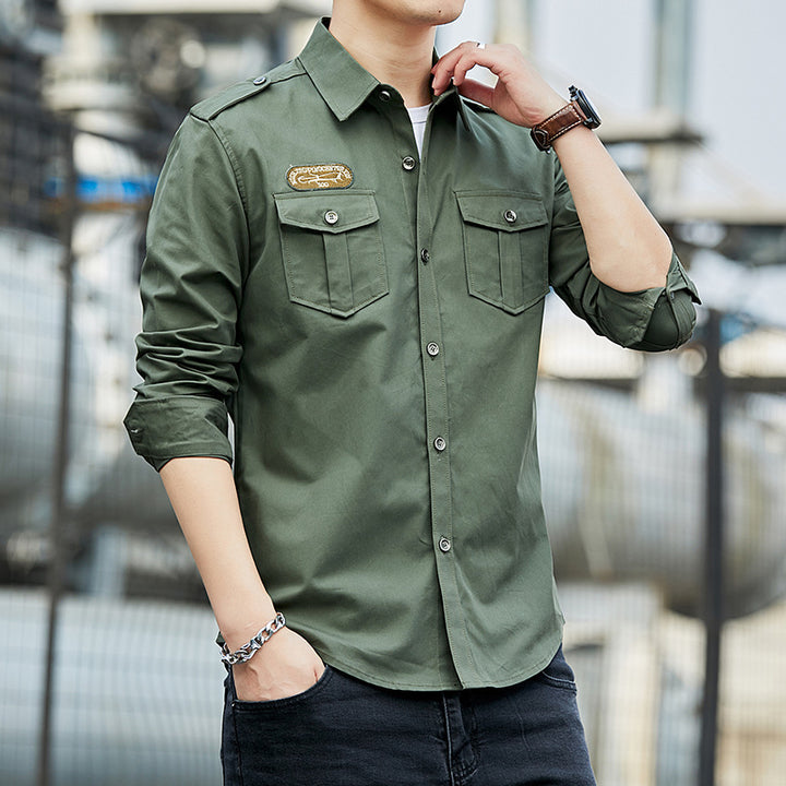 Men's Cotton Field Shirt in Military Style with Shoulder Epaulettes and Chest Flap Pockets Mune Fashion