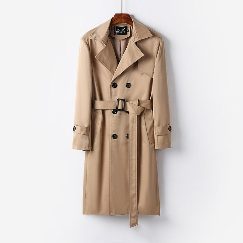 Men's trench coat with double-breasted button placket, waist belt, and classic lapel Mune Fashion