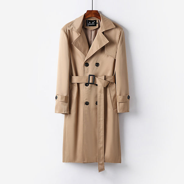 Men's trench coat with double-breasted button placket, waist belt, and classic lapel Mune Fashion
