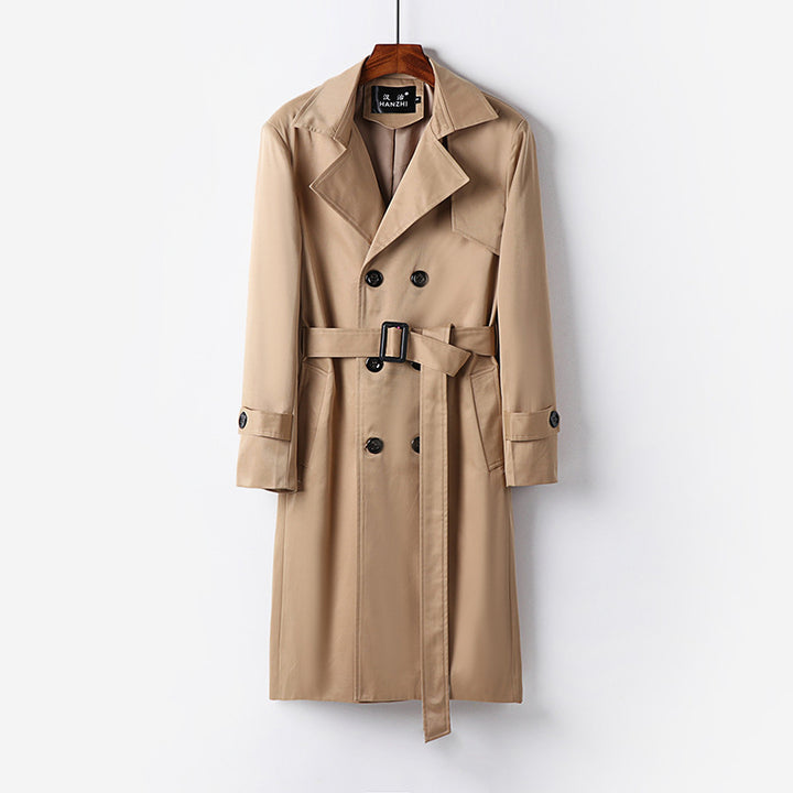 Men's trench coat with double-breasted button placket, waist belt, and classic lapel Mune Fashion