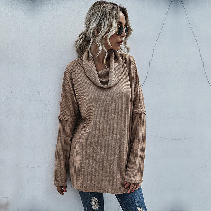 Women's Ribbed Fine Knit Long Sleeve with Roll Neck, Side Slits and Extended Back Mune Fashion
