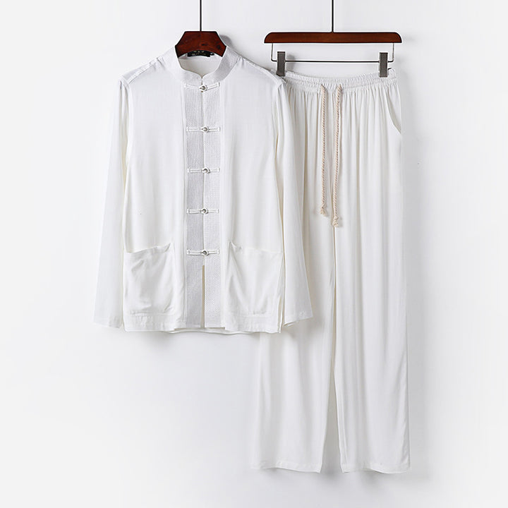 Men's Traditional Cotton Loungewear Set with Stand Collar, Knot Buttons and Drawstring Pants Mune Fashion